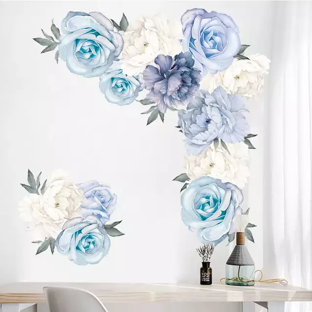 Beautiful Feminine Strong Self Adhesive Vinyl Removable blue Peony Wall Decals