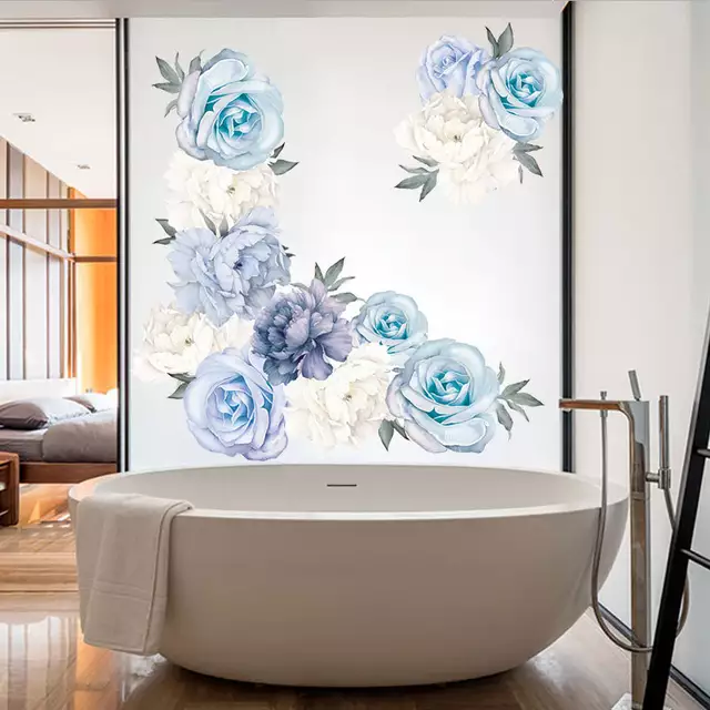 Beautiful Feminine Strong Self Adhesive Vinyl Removable blue Peony Wall Decals