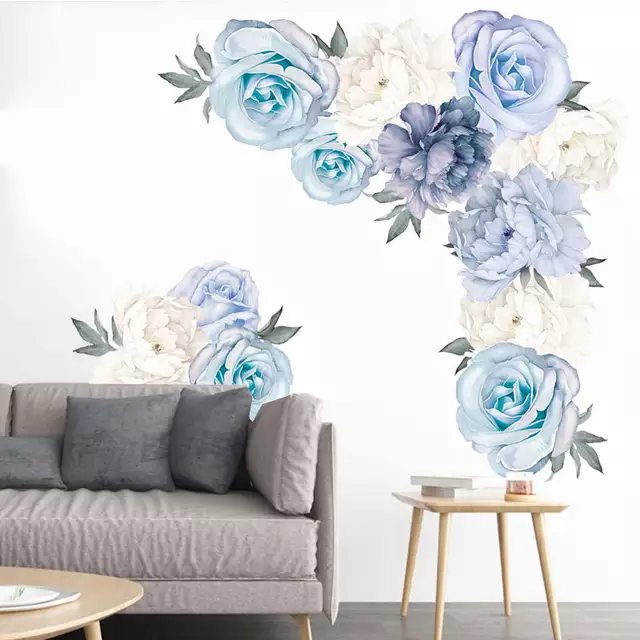 Beautiful Feminine Strong Self Adhesive Vinyl Removable blue Peony Wall Decals